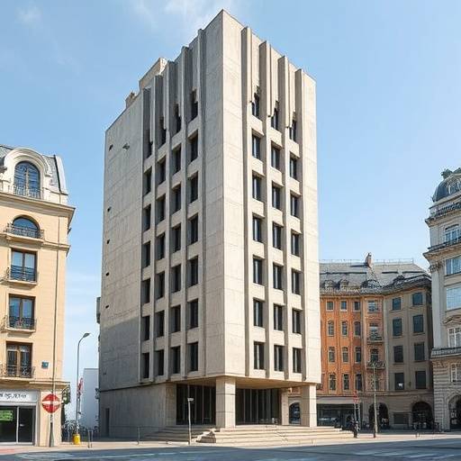 Architecture typique d'Auguste Perret au Havre, montrant des bâtiments en béton avec des lignes épurées et des détails modernistes.