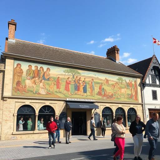 Fa√§ade du Mus√©e de la Tapisserie de Bayeux avec des visiteurs entrant et sortant.
