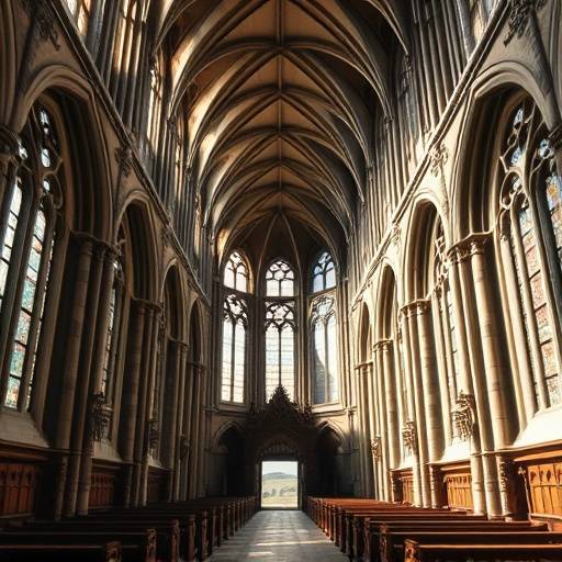 L'int√©rieur de l'abbaye du Mont Saint-Michel, montrant l'architecture gothique et la lumi√®re naturelle entrant par les fen√™tres.