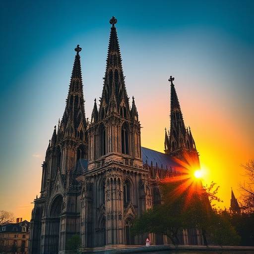 La cathédrale de Rouen illuminée par le soleil couchant, avec ses détails gothiques et ses flèches imposantes.