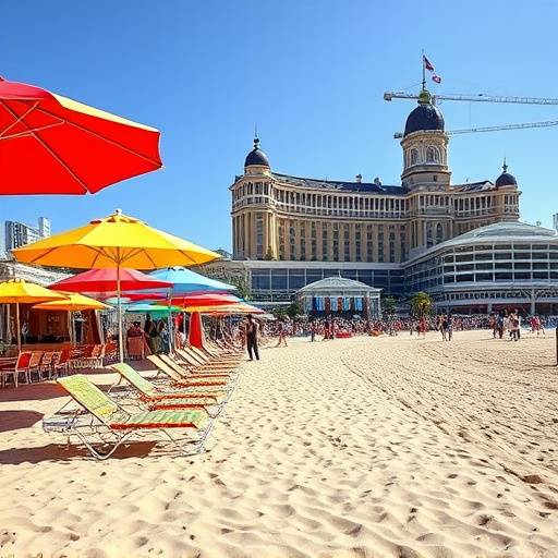 La plage de Deauville avec ses c√©l√®bres parasols color√©s et le casino en arri√®re-plan.