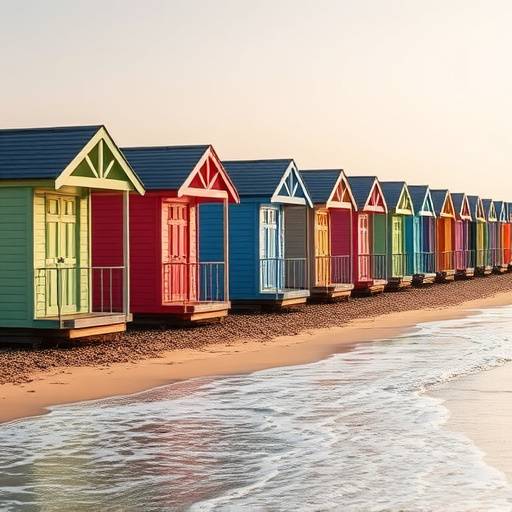 La plage du Havre avec ses cabines de plage colorées et les vagues douces caressant le rivage.