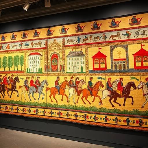 La tapisserie de Bayeux exposée dans son musée, montrant des scènes de la conquête normande de l'Angleterre.