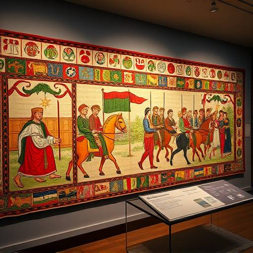 La tapisserie de Bayeux expos√©e dans son mus√©e, montrant des sc√®nes de la conqu√™te normande de l'Angleterre.