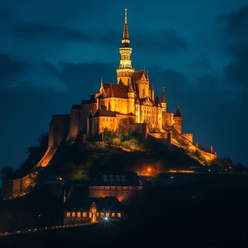 Le Mont Saint-Michel illumin√© la nuit, cr√©ant un spectacle magique et f√©erique.