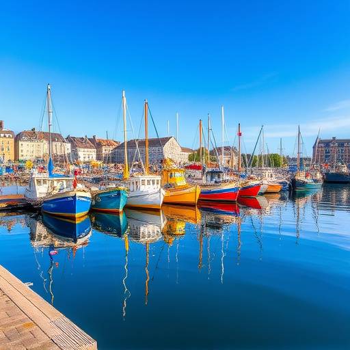 Le port de Dieppe avec ses bateaux de pêche colorés et le ciel bleu reflété dans l'eau.