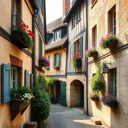 Ruelle pittoresque √† Bayeux avec des maisons √† colombages traditionnelles et des fleurs aux fen√™tres.