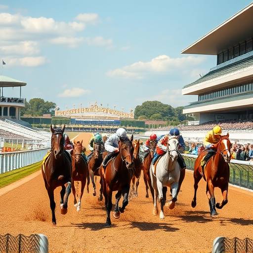 Une course hippique √† l'hippodrome de Deauville, avec des chevaux galopant vers la ligne d'arriv√©e.