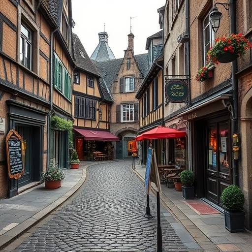 Une rue pav√©e typique du village du Mont Saint-Michel, avec des boutiques et des restaurants.