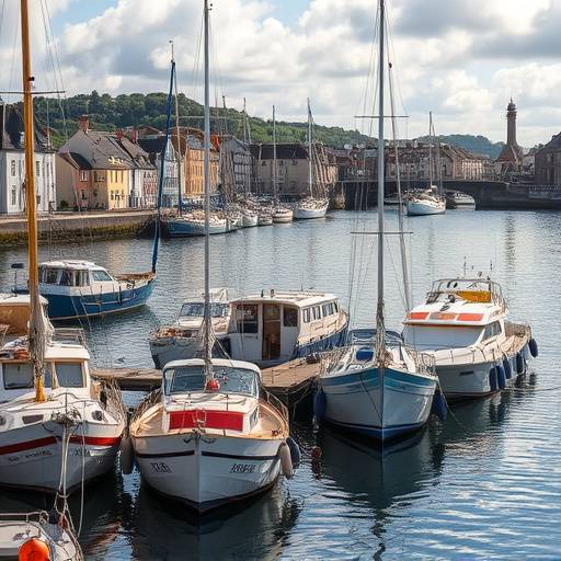 Vue du port de Cherbourg avec ses quais animés et ses bateaux.