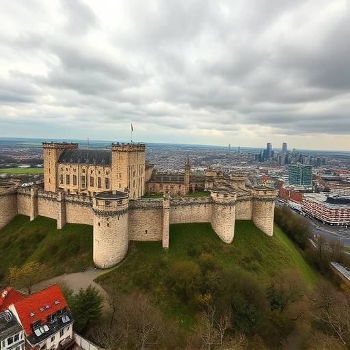 Vue panoramique du ch√¢teau de Caen, avec ses remparts imposants et la ville moderne en arri√®re-plan.