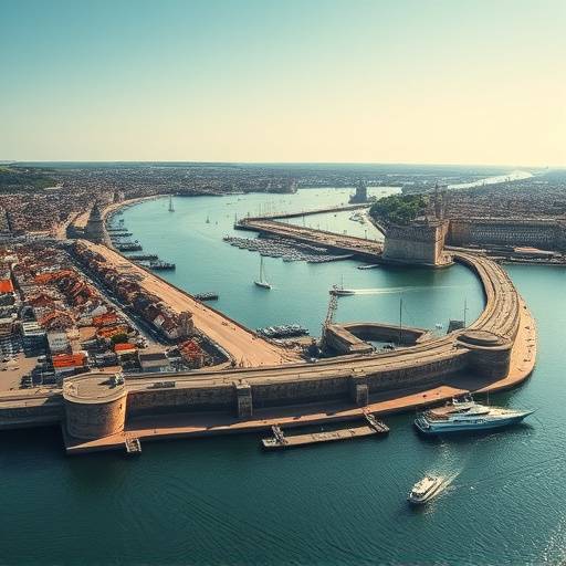 Vue panoramique du port de Cherbourg avec ses fortifications et ses bateaux.