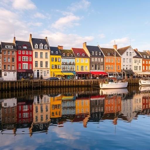 Vue panoramique du Vieux Bassin de Honfleur avec ses maisons colorées et le reflet dans l'eau